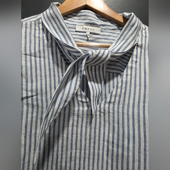 Frame Handkerchief Button Down Tie Collar Blue White Striped Linen Women L - Picture 4 of 9